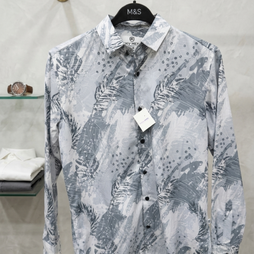 Botanical Print Linen Shirt-Blue